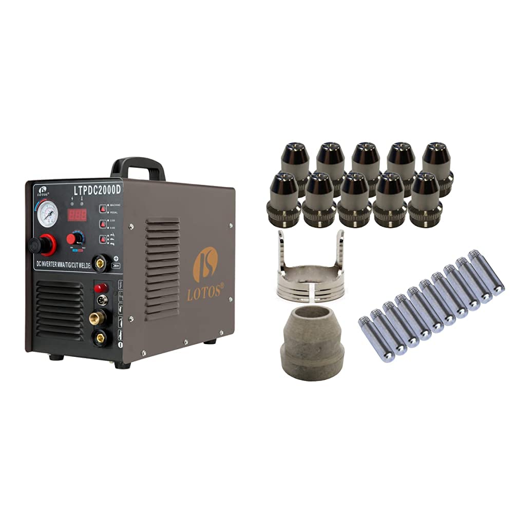 LOTOS LTPDC2000D Non-Touch Pilot Arc 50A Plasma Cutter 200A Tig Welder & Stick Welder 3 in 1 Combo Welding Machine,½ Inch Clean Cut,Brown & PCS22 Plasma Cutter Consumables Sets