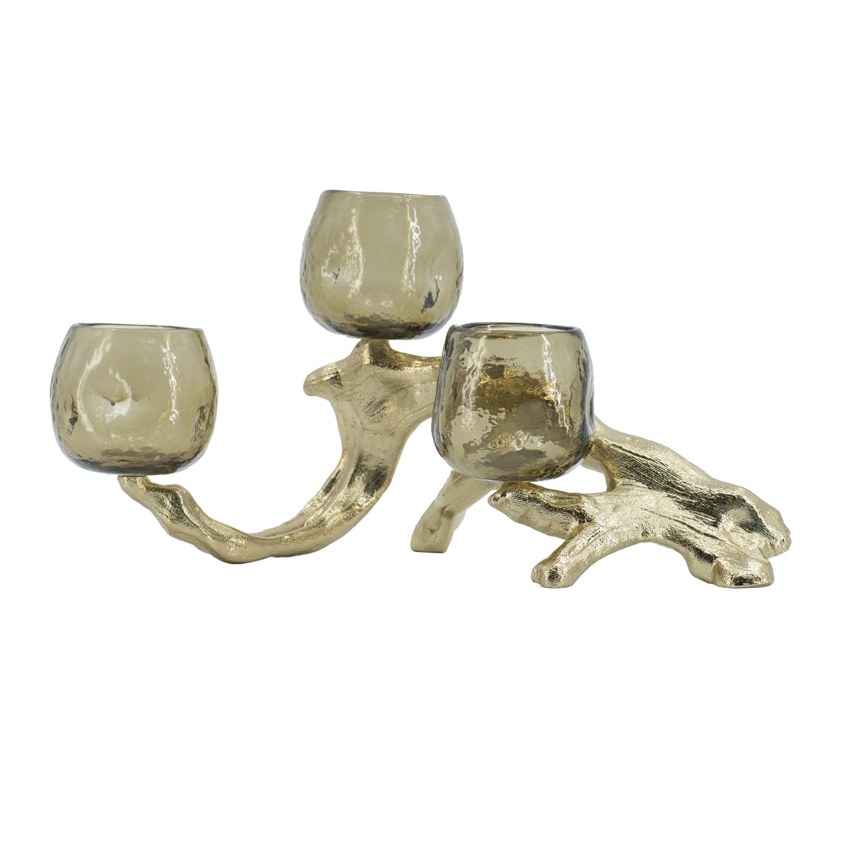 Modern Gold Multi Votive Candle Holder with Textured Glass Cups, Branch-Inspired Aluminum Candle Stand for Tabletop Dining Mantel Shelf Décor, 15.7 Inch