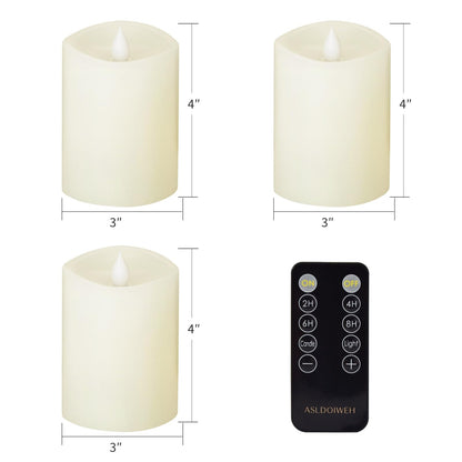 ASLDOIWEH 3x4 Flickering Flameless Candles Set of 3, 2AA Battery Life 600 Hours Battery Candles Flickering with Timer,4 inch Flameless Candles with Remote for Indoor/Outdoor, Ivory