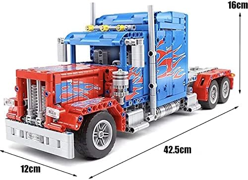 General Jim's RC Semi Truck Building Blocks Set Remote and App Controlled Model with Opening Doors Extendable Bed Dual Axles Flame Design 839 Pieces 1:20 Scale