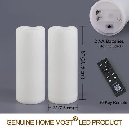 HOME MOST Pack of 2 White LED Candles Outdoor 3x8 - Unscented IP65 Waterproof Battery Powered Flameless Pillar With Remote and Timer - Flickering