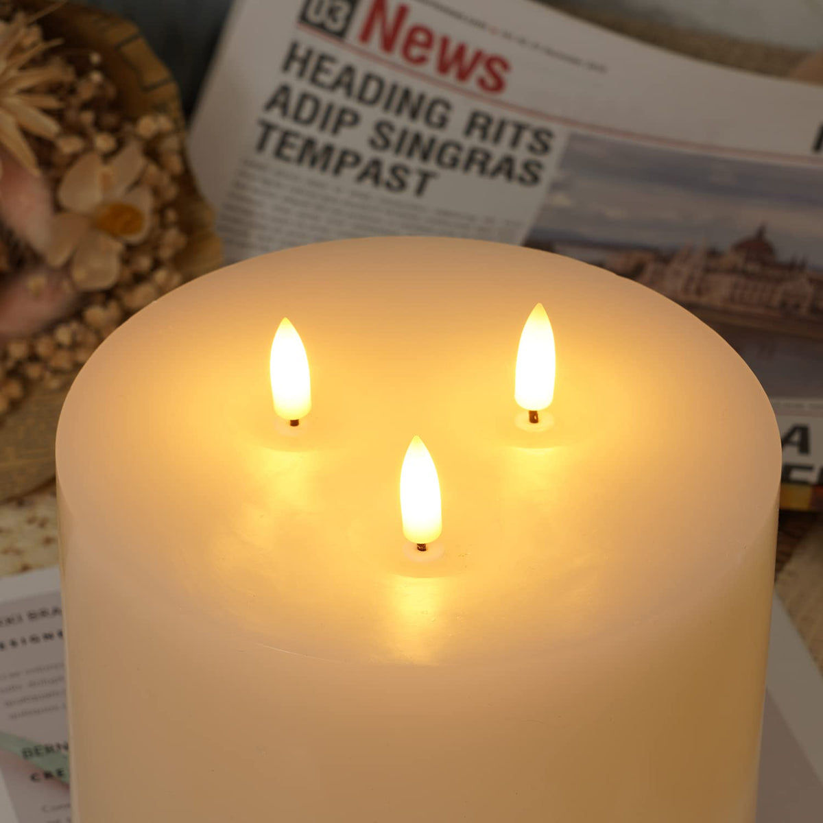 Amagic 6"x6" Extra Large Flameless Candles with 3 Wicks, Battery Operated Candles with Remote Control and Timers, 6 inch Diameter LED Pillar Candles, Real Wax, Ivory