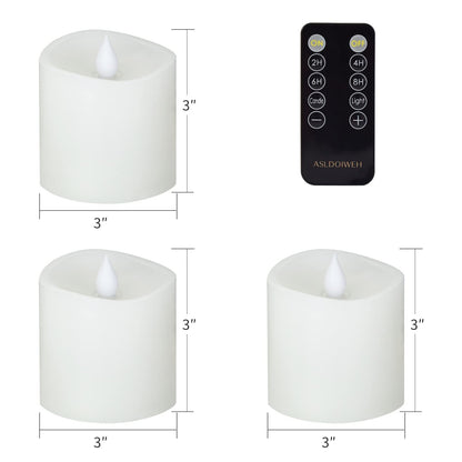 ASLDOIWEH 3x3 Flickering Flameless Candles Set of 3, 2AA Battery Life 600 Hours Battery Candles Flickering with Timer,3 inch Flameless Candles with Remote for Indoor/Outdoor, White