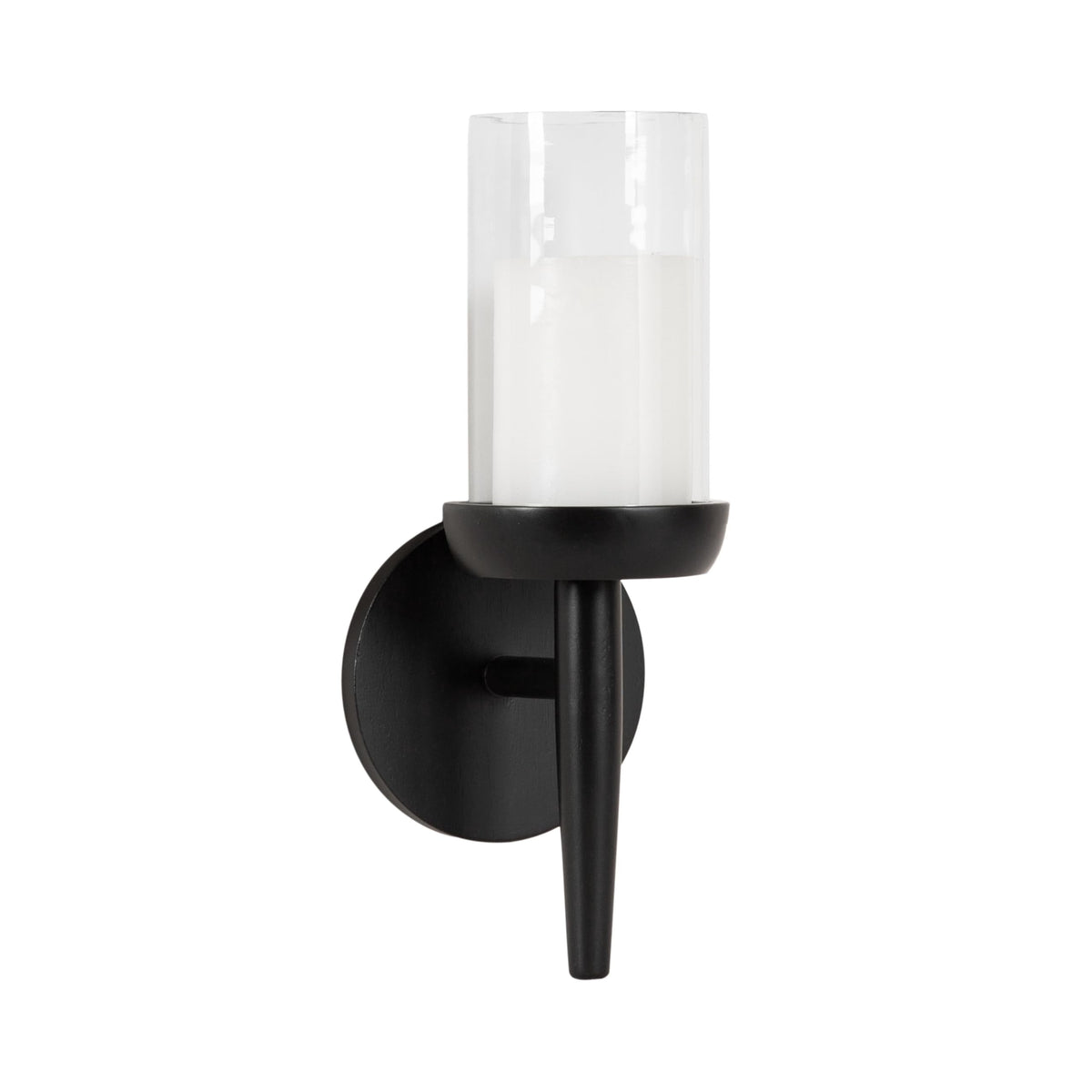 Kate and Laurel Shae Transitional Wooden Wall Sconce; 5 x 5 x 13; Black; Modern Candle Holder with Removable Glass Cylinder for Flameless Pillar Candles in Bedroom or Entryway