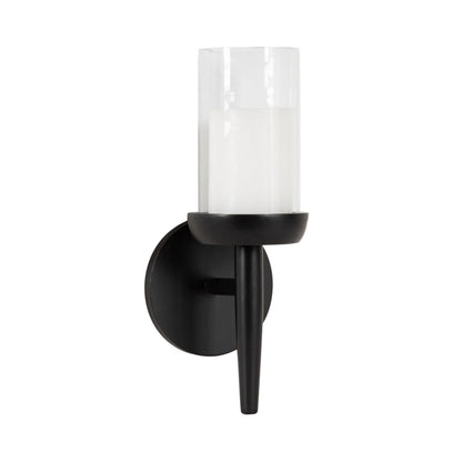 Kate and Laurel Shae Transitional Wooden Wall Sconce; 5 x 5 x 13; Black; Modern Candle Holder with Removable Glass Cylinder for Flameless Pillar Candles in Bedroom or Entryway