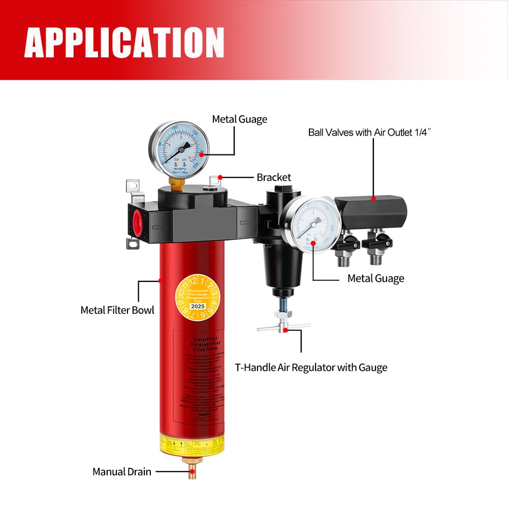 NANPU Z-R Air Filter Regulator– Sintered Filter, 3/8" NPT Inlet, 1/4" NPT Outlet Module, 0-230 psi Gauge, 127 CFM @ 6 bar, Metal Housing, Heat Resistant to 248°F