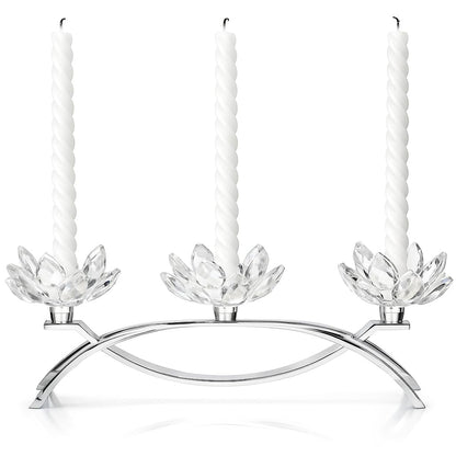 Crystal Lotus Candle Holders, Silver Table Centerpiece 11.4 in, 3-Head Lotus Candlestick with Glass Petals, Elegant Nickel-Plated Metal for Home Decor, Wedding, Dining