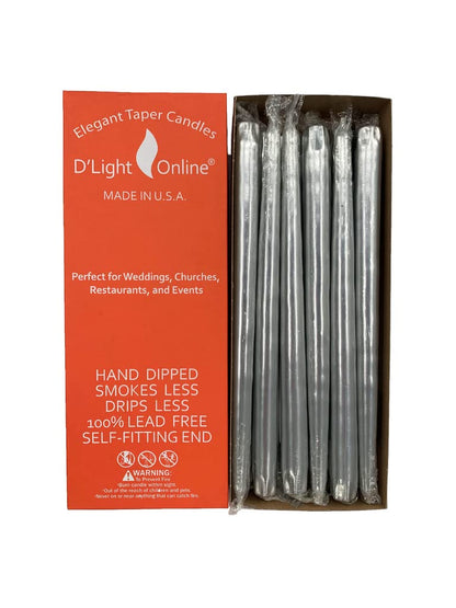 D'light Online Elegant 12" Unscented Metallic Silver Taper Candles, Premium Quality Hand-Dipped Tapered Candles, Dripless and Smokeless - Set of 12 (12 Inch, Metallic Silver)