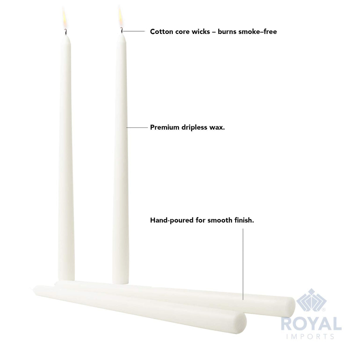 Royal Imports Unscented Taper Candles, Elegant Premium Quality, Dripless & Smokeless, Hand-Dipped Dinner Candles for Wedding, Holiday, Home Decor - 9 Hour Burn Time - Set of 12 (12 Inch, White)