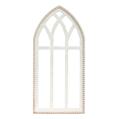 Synovana Arched Wooden Window Frame Wall Decoration, Rustic Farmhouse Wood Window Pane Hanigng Art Decor, 42 inches Gothic Cathedral Style Spire Design Wall Mounted Fake Window Decor, Distressed White