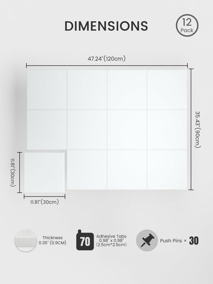 Bumusty Large Cork Board 48" x 36" Alternative - 12 Pack Felt Wall Tiles with 70 Safe Removable Adhesive Tabs, 30 Pushpins, Cork Boards for Walls Pin Board Bulletin Board Office Decor (Cold White)