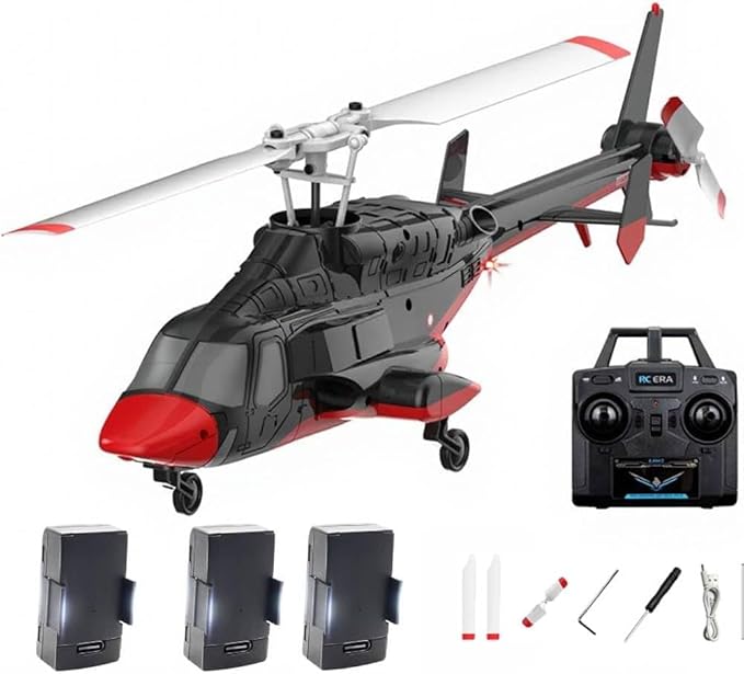 RC Helicopter Model A61 1/53 Scale Air-Wolf 2.4G 4CH Single Rotor RC Plane with Optical Flow Altitude Hold (RTF Version/Black and White) (Red)