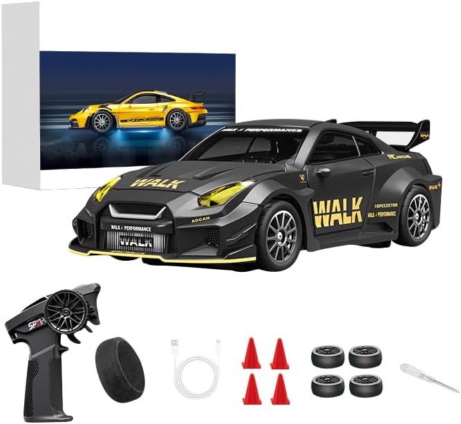 D43-02 1:43 Scale 2.4G Full Proportional 4WD Alloy RC Drift Car with Gyro System Silent Bearings Adjustable Speed &amp LED Lights for Adults High Speed Remote Control Racing Car