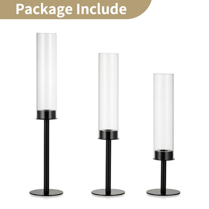 NUPTIO Black Candlestick Holders for Centerpiece: Set of 3 Hurricane Taper Holder with Windproof Glass Cover Long Stem Cylinder Metal Candle Sticks Stands for Halloween Christmas Table Decoration