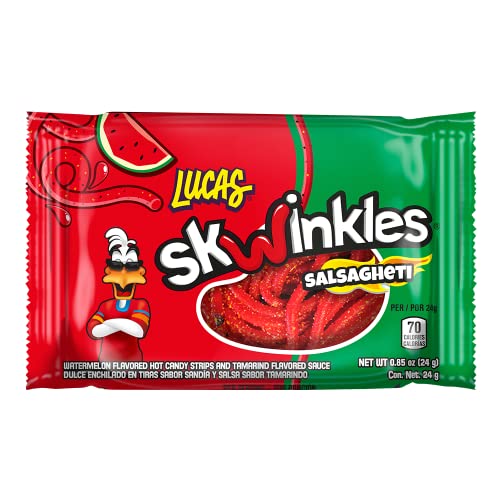 Lucas Salsagheti Watermelon Flavored Hot Candy Strips and Tamarind Sauce, 0.84 oz - 12 Pieces Pack for Treats, Snack, Parties, Piñatas,0.84 Ounce (Pack of 12)