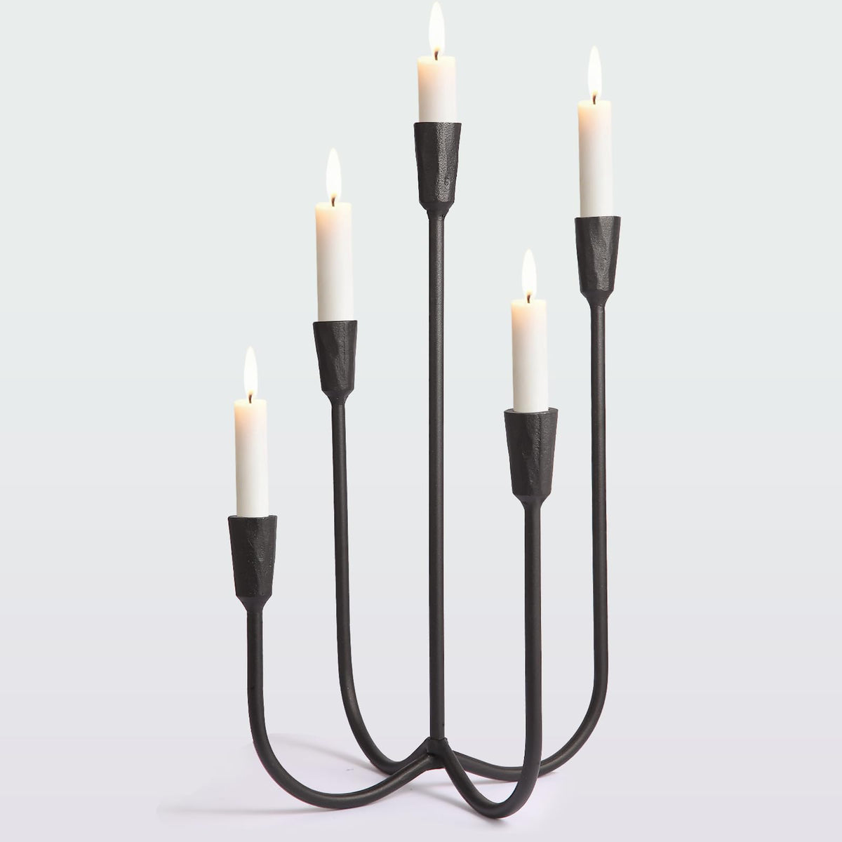 Mofunci Cast Iron 5-Candle Candelabra Centerpieces for Tables, Black Candle Holders Wedding Event 17.6 inch Tall Hand-Forged Candlestick Holders for Dining Room, Living Room or Mantel