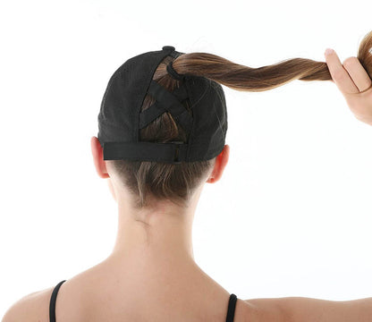 HGGE Womens Criss Cross Ponytail Baseball Cap Adjustable High Messy Bun Trucker Hats Quick Drying Mesh Dad Ponycap for Outdoor Sports Travel Black