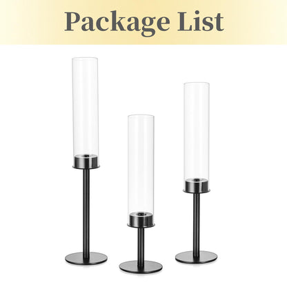 Hewory Black Candlestick Holders Hurricane Candle Holder, 3Pcs Candle Stick Candle Holder Candelabra, Taper Candle Holders with Glass Candle Cover for Wedding Table Centerpiece Christmas Decor