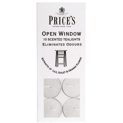 Price's - Open Window Tealights - Pack of 10 - Odour Eliminating Tealights - Made with Lily, Violet and Orange Flower Extracts - Clean, Fresh, Quality Fragrance - Long Lasting Scent