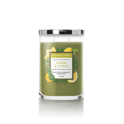 Colonial Candle Cedar & Citrus Scented Jar Candle, Classic Cylinders Collection, 2 Wick, Green, 11 oz - Up to 80 Hours Burn