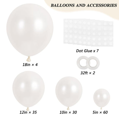 RUBFAC 129pcs Pearl White Balloons Different Sizes 18 12 10 5 Inch for Garland Arch Kit, Latex Balloon for Wedding Engagement Anniversary Bridal Baby Shower Birthday Party Decoration