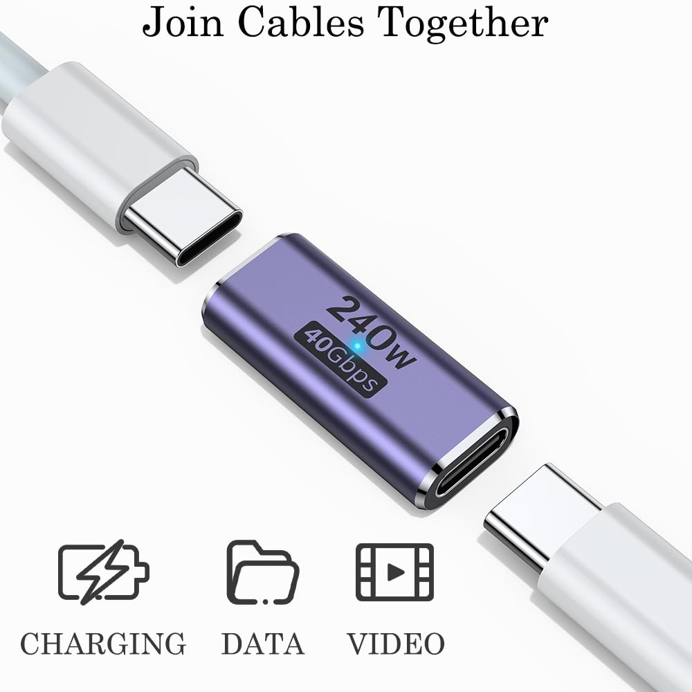 AuviPal 240W USB C Coupler (2 Pack), USB Type C Female to Female Adapter Extender Compatible with Thunderbolt 4/3 Support up to 240W Charging, 40Gbps Data Transfer and 8K@60Hz Video