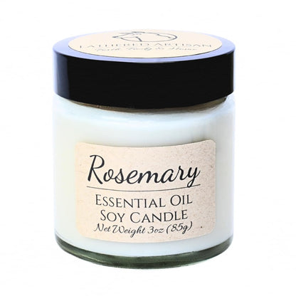 Rosemary Scented Essential Oil Candle 3 oz, Hand Crafted Pure Soy Wax Candle with Wooden Wick and Dried Flowers, 23 Hour Burn Time, Natural Aromatherapy Glass Jar Candle with Lid by Lathered Artisan