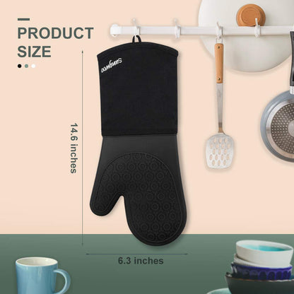 sungwoo Extra Long Silicone Oven Mitts, Heat Resistant Oven Gloves with Quilted Liner Non-Slip Textured Grip Perfect for BBQ, Baking, Cooking and Grilling - 1 Pair 14.6 Inch Black