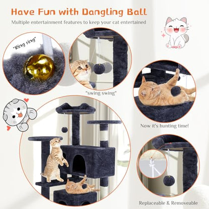 Sweetcrispy 54 Inch Cat Tree Tower, Multi-Level with Cat Scratching Post, Indoor Cat Condo with Climbing Ladder, Plush Toy, Play House for Cat, Grey