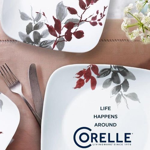 Corelle Kyoto Leaves Dinnerware Set - 16pc Service for 4 | Chip & Break Resistant White Plates & Bowls