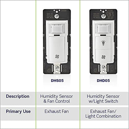 Leviton Humidity Sensor Switch for Bathroom Exhaust Fan, Automate Ventilation, Air Circulation, Moisture Control, ¼ HP, Single Pole, DHS05-1LW, White
