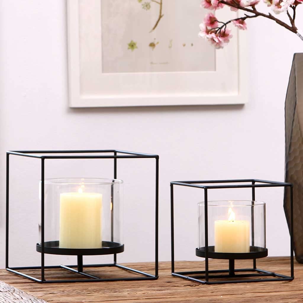 Candle Holder Black Pillar Candle Holders, Glass Candle Stick Holder with Geometric Metal Rack Stand for Living Room Wedding Birthday Housewarming Table Centrepiece Candlestick (Color : Gold)
