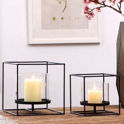 Candle Holder Black Pillar Candle Holders, Glass Candle Stick Holder with Geometric Metal Rack Stand for Living Room Wedding Birthday Housewarming Table Centrepiece Candlestick (Color : Gold)