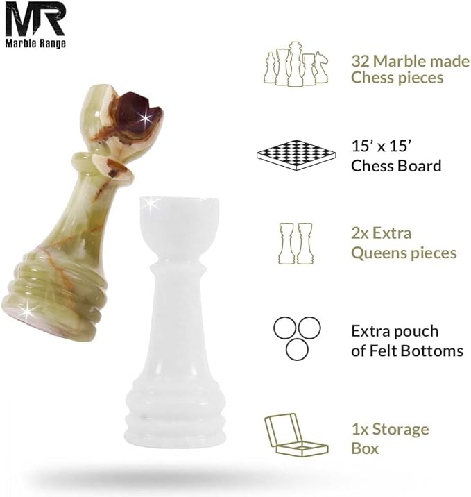 Marble Chess Set for Adults 15 Handmade White &amp Green Onyx Board Game with 32 Chess Pieces 2 Extra Queens &amp Storage Box Luxury Travel Game – Elegant Home Décor