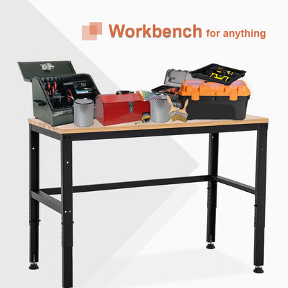 MCombo 48" Adjustable Workbench with Oak Wood Top, Overall Steel Frame Worktable for Garage, Workstation for Workshop and Home Improvement WD48