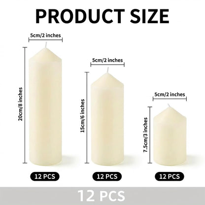 12 Pcs Individually Wrapped Pillar Candles Bulk, 2x3 2x6 2x8 Inch, Unscented Dripless Smokeless, Hurricane Candles for Wedding Party, Spa, Home Decor (12 Ivory Pointed-tip, 2 x 3/6/8 Inch)