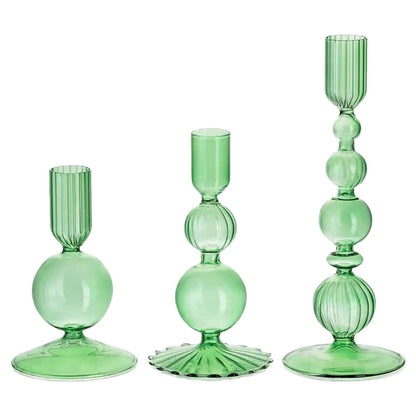 Mineaud 3Pcs Glass Candlestick Holders Glass Taper Candle Holders Groovy Wavy Elegant Candle Stick for Home Party Decoration,Green