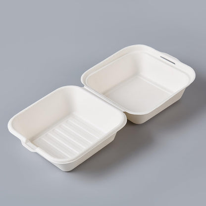 ToppYuanZea 150 Pack Clamshell Food Containers with Lid, 6 x 6 Inches Disposable Take Out To-Go Containers, White Bagasse Bento Box for Hamburger Sandwiches Chips, Microwave/Freezer Safe
