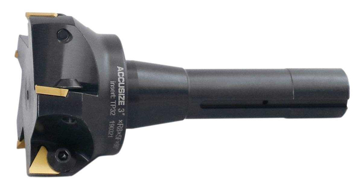 Accusize Industrial Tools 3'' Carbide Indexable End Mill, R8 Shank, 5 Flute, with Tpg322 Inserts, 0046-0917