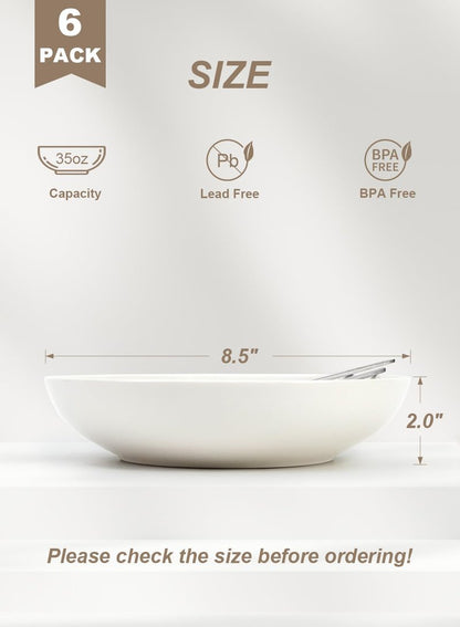 Quatish 35oz Pasta Bowls Set of 6, 8.5" Large Salad Bowls Soup Bowl for Kitchen, Microwave & Dishwasher Safe, Porcelain Wide and Shallow Serving Bowl, White Dinner Plates, Dinnerware Set, Gift