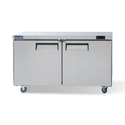ICECASA 60" W Commercial Refrigerator Worktop Undercounter Refrigerator Double Door Stainless Steel Counter Fan Cooling Refrigerator 16.4 Cu.ft for Restaurant, Bar, Shop, etc