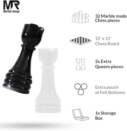 Marble Chess Set for Adults 15 Handmade White &amp Black Board Game with 32 Chess Pieces 2 Extra Queens &amp Storage Box Luxury Travel Game – Elegant Home Décor