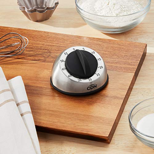 CDN Compact 60-Minute Mechanical Timer | Easy-to-Read 2.5” Dial | Loud 3-Second Alarm | Ideal for Cooking or Baking | Countertop or Wall Mountable | Silver Finish | MT1