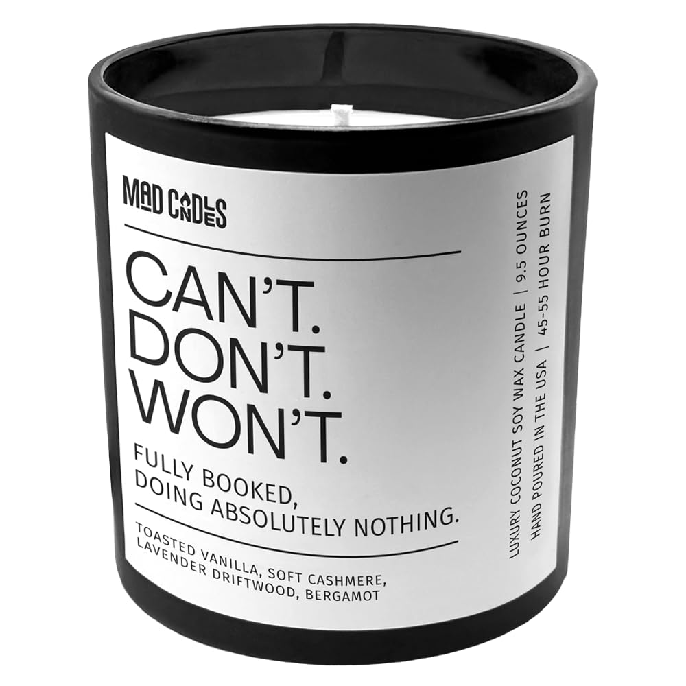 Mad Candles – Can’t. Won’t. Don’t. | Luxury Scented Candle for Relaxation & Home Décor | 9.5oz Coconut Soy Wax | Non Toxic Long Burn Candle Jar | Cozy Bedroom & Living Room Candle