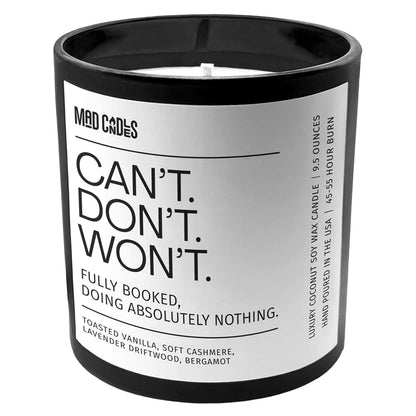 Mad Candles – Can’t. Won’t. Don’t. | Luxury Scented Candle for Relaxation & Home Décor | 9.5oz Coconut Soy Wax | Non Toxic Long Burn Candle Jar | Cozy Bedroom & Living Room Candle