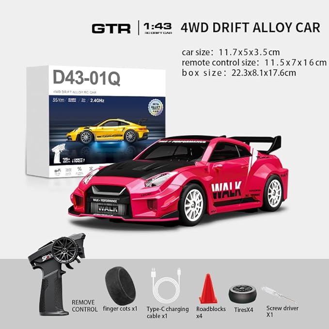 D43-02 1:43 Scale 2.4G Full Proportional 4WD Alloy RC Drift Car with Gyro System Silent Bearings Adjustable Speed &amp LED Lights for Adults High Speed Remote Control Racing Car