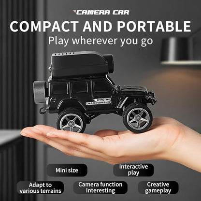 1:64 Mini Alloy Video RC Car – APP &amp Remote Control Built-in Camera for Real-Time Viewing Shock-Absorbing Climbing Design LED Lights 30m Range &amp 15min Runtime（Black）