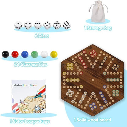 15 inches Wooden Fast Track Board Game Original Wahoo Board Game for 6 and 4 Players with Marbles and Dices Burnt Color Board Marble Game(Small)