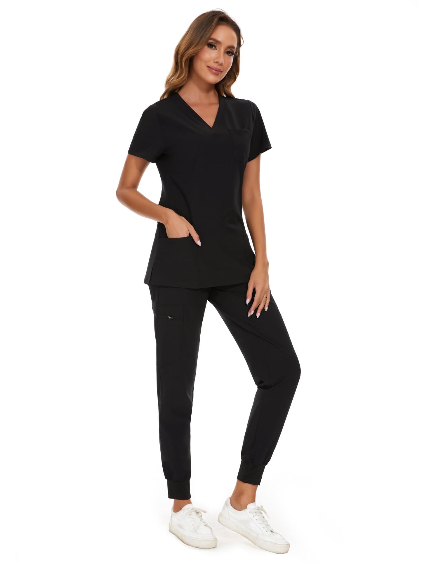 COZYFIT Scrubs for Women Set - Stretch V-Neck Scrub Top & Jogger Pant with 8 Pockets, Yoga Waistband, Anti Wrinkle, Slim Fit Women Scrubs