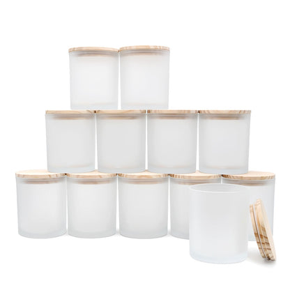 SHOWIN 14 OZ Thick Candle Jars for Making Candles 12 Pcs, 3 Wick Empty Jars with Wood Lids for Candle Making, Sample Container,Frosted White